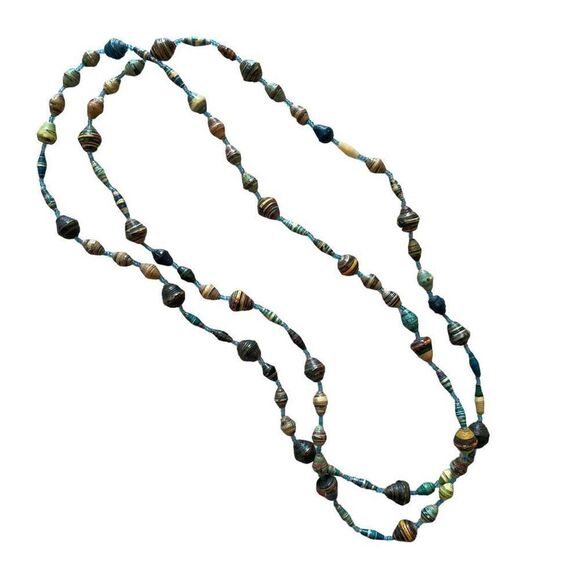 Paper Magazine Rolled Beaded Bead Artisan Blue Long Necklace Handcrafted - Picture 1 of 2